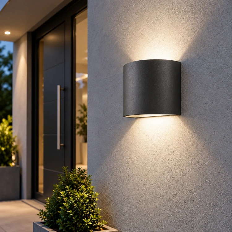 Nowoczesna elewacja z lampa scienna o zmierzchu - AI