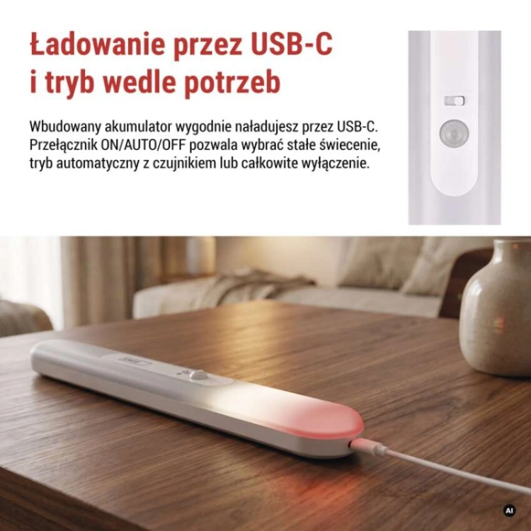 Lampa LED podszafkowa ładowalna, czujnik PIR, czujnik zmierzchu
