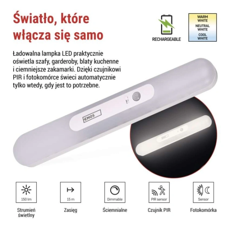Lampa LED podszafkowa ładowalna, czujnik PIR, czujnik zmierzchu