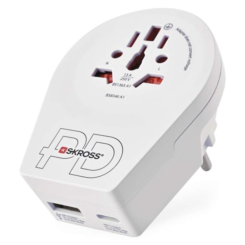 Adapter podróżny do Europy Centralnej, biały, 1×USB-C, 1×USB-A