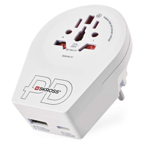 Adapter podróżny do Europy Centralnej, biały, 1×USB-C, 1×USB-A