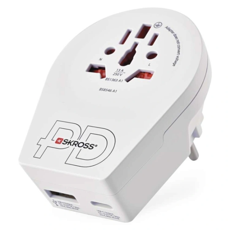 Adapter podróżny do Europy Centralnej, biały, 1×USB-C, 1×USB-A