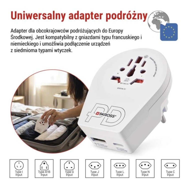 Adapter podróżny do Europy Centralnej, biały, 1×USB-C, 1×USB-A