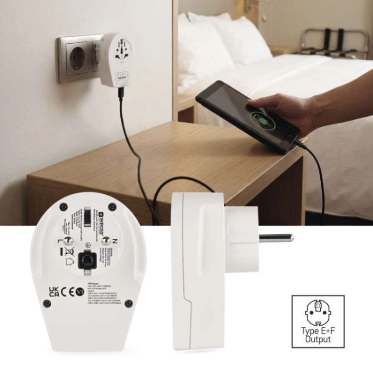 Adapter podróżny do Europy Centralnej, biały, 1×USB-C, 1×USB-A