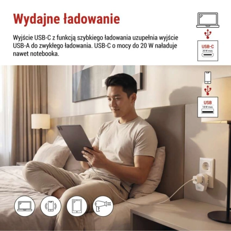 Adapter podróżny do Europy Centralnej, biały, 1×USB-C, 1×USB-A