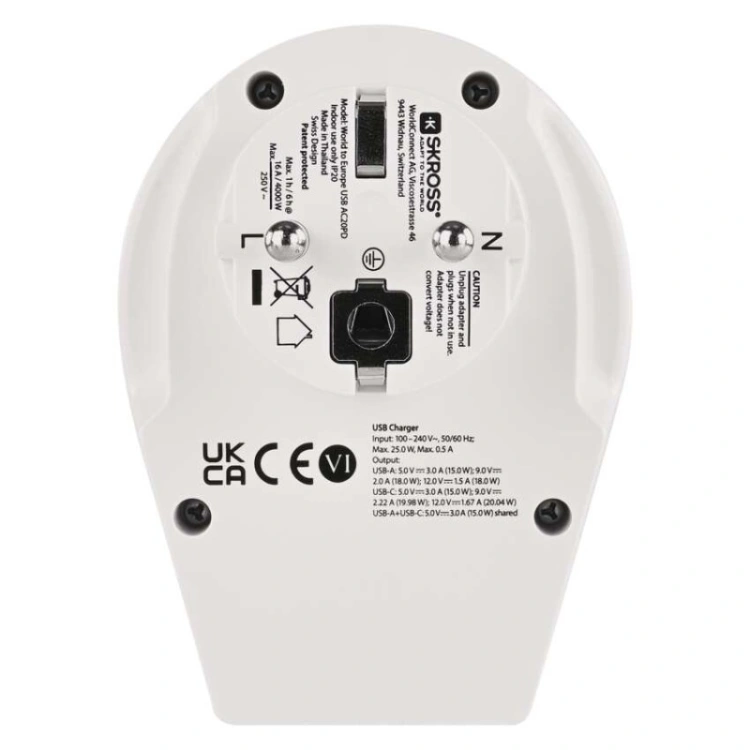 Adapter podróżny do Europy Centralnej, biały, 1×USB-C, 1×USB-A