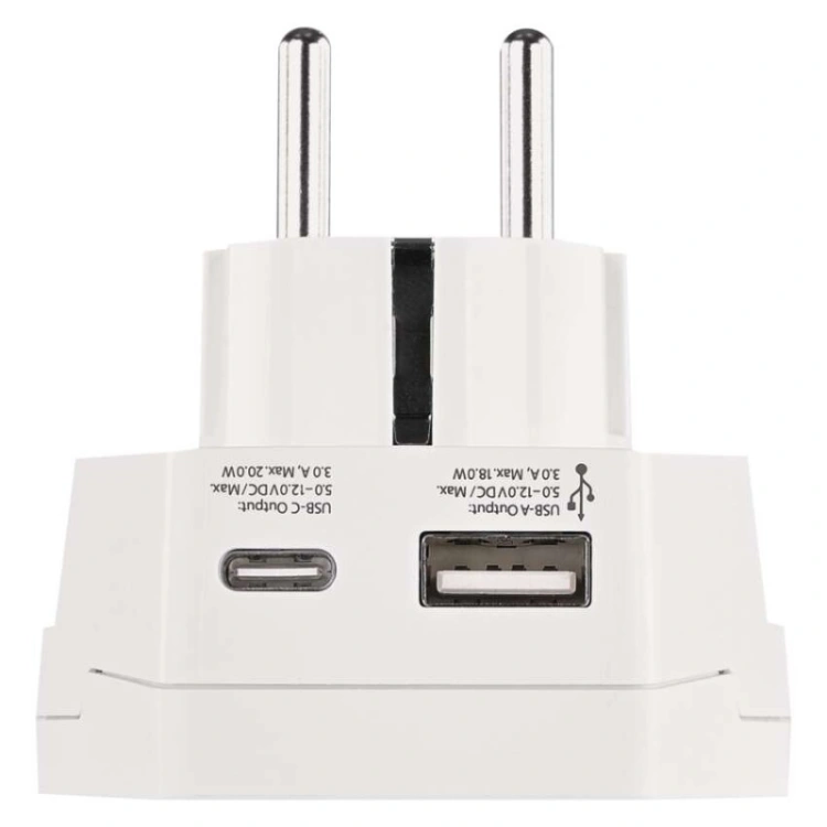 Adapter podróżny do Europy Centralnej, biały, 1×USB-C, 1×USB-A
