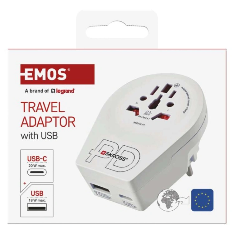Adapter podróżny do Europy Centralnej, biały, 1×USB-C, 1×USB-A