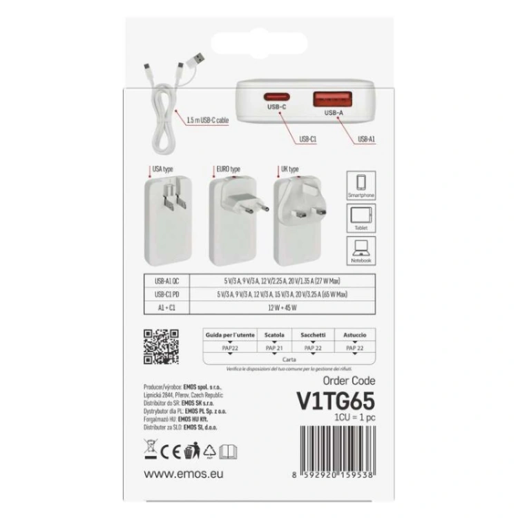 Zasilacz sieciowy USB GaN PD 65W, AC + kabel