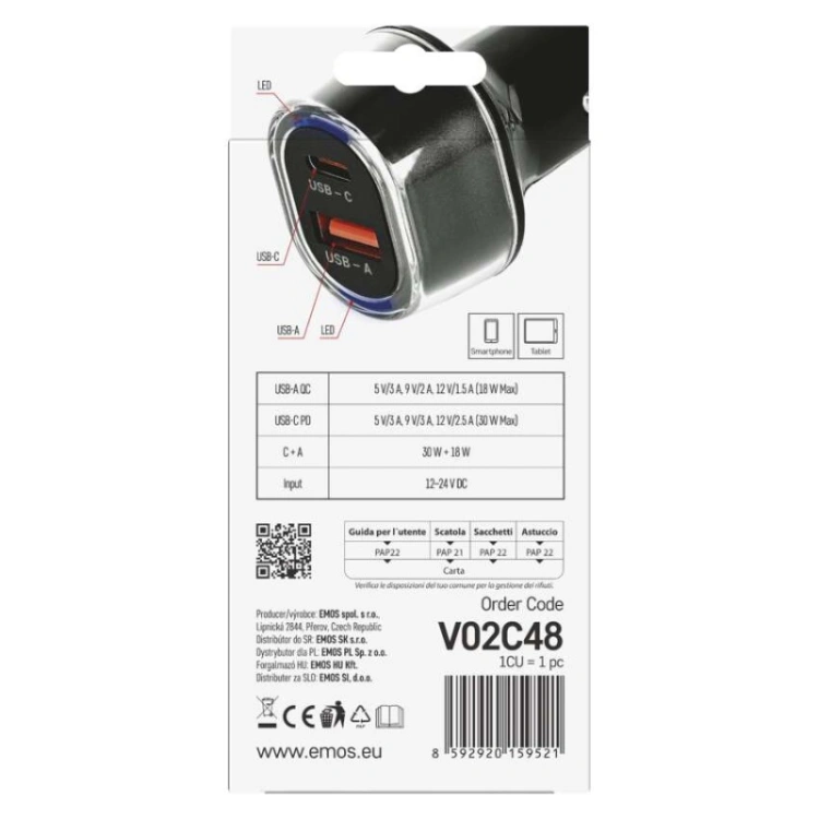 Ładowarka samochodowa USB PD/QC 48 W