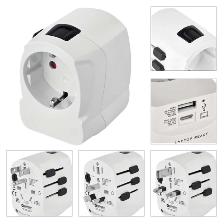 Adapter podróżny do Ameryki, Afryki i Azji, biały, 1×USB-C, 1×USB-A