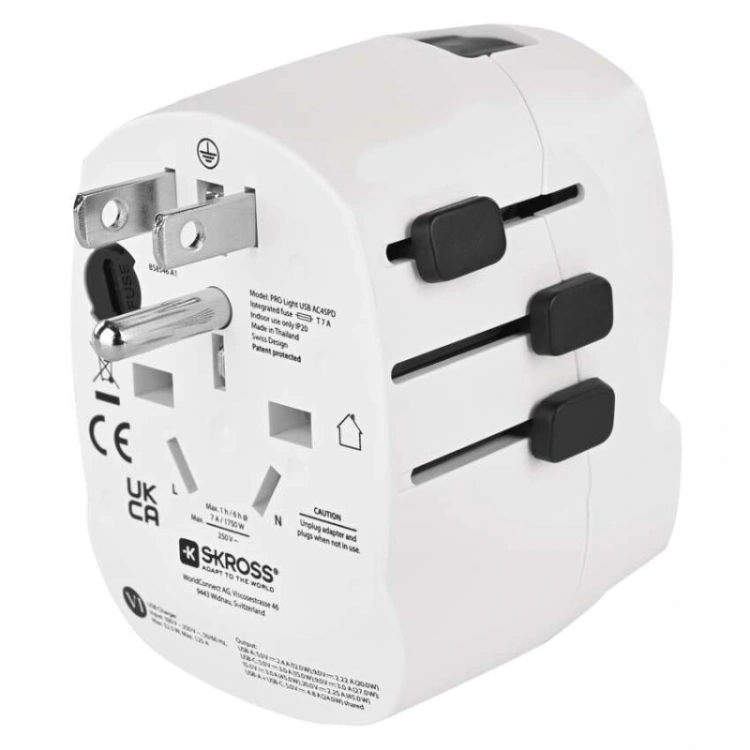 Adapter podróżny do Ameryki, Afryki i Azji, biały, 1×USB-C, 1×USB-A