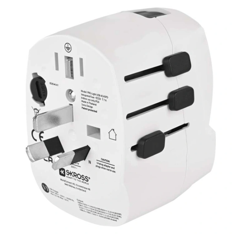 Adapter podróżny do Ameryki, Afryki i Azji, biały, 1×USB-C, 1×USB-A