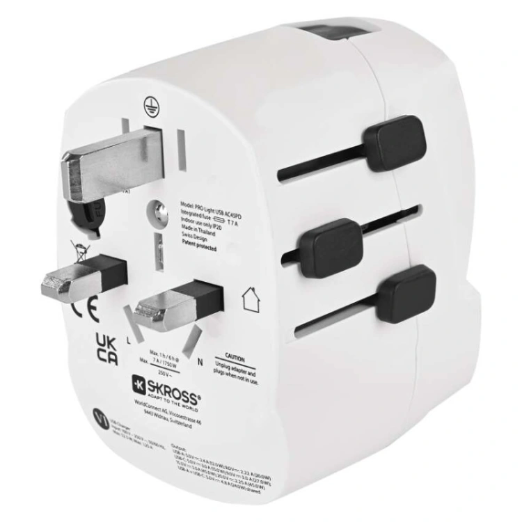Adapter podróżny do Ameryki, Afryki i Azji, biały, 1×USB-C, 1×USB-A