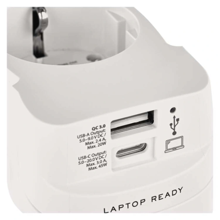 Adapter podróżny do Ameryki, Afryki i Azji, biały, 1×USB-C, 1×USB-A
