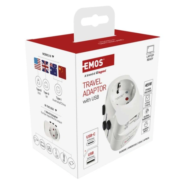 Adapter podróżny do Ameryki, Afryki i Azji, biały, 1×USB-C, 1×USB-A