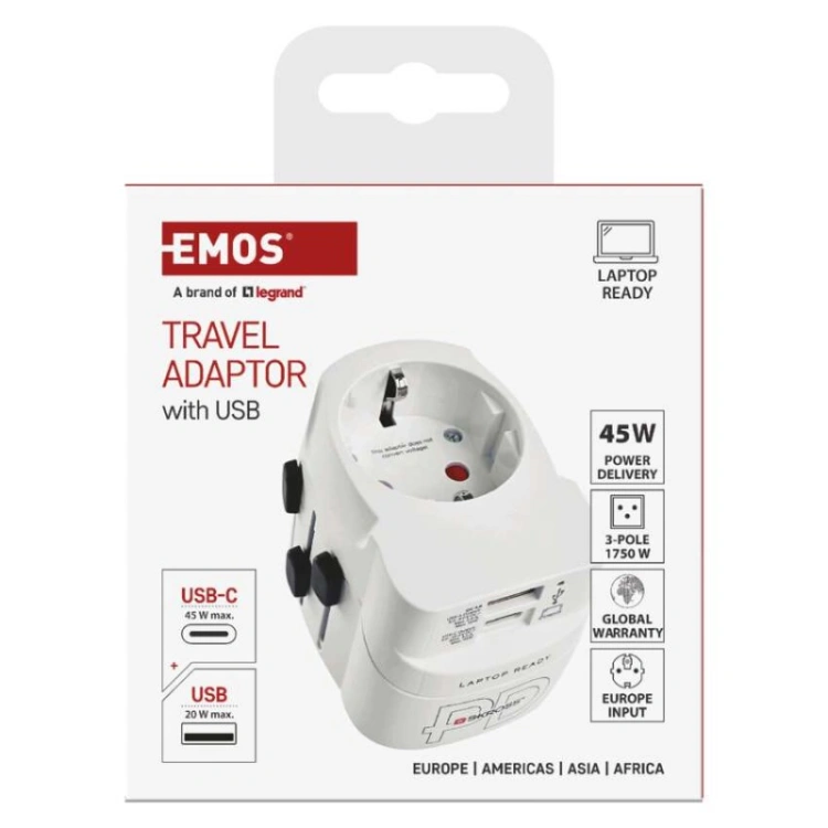 Adapter podróżny do Ameryki, Afryki i Azji, biały, 1×USB-C, 1×USB-A