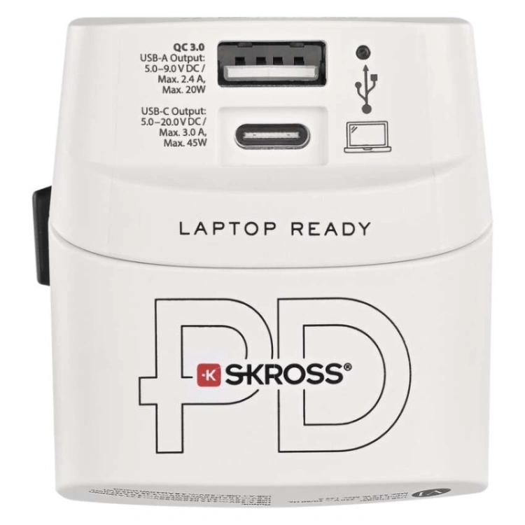 Adapter podróżny do Ameryki, Afryki i Azji, biały, 1×USB-C, 1×USB-A