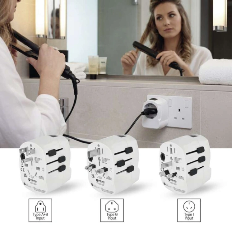 Adapter podróżny do Ameryki, Afryki i Azji, biały, 1×USB-C, 1×USB-A