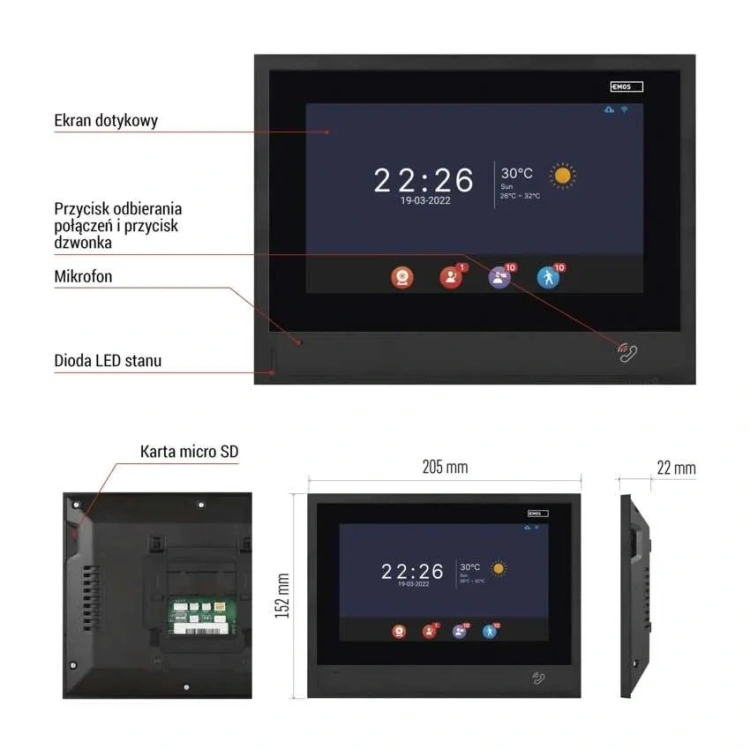 Ekran monitora EMOS GoSmart IP880B z menu wideodomofonu