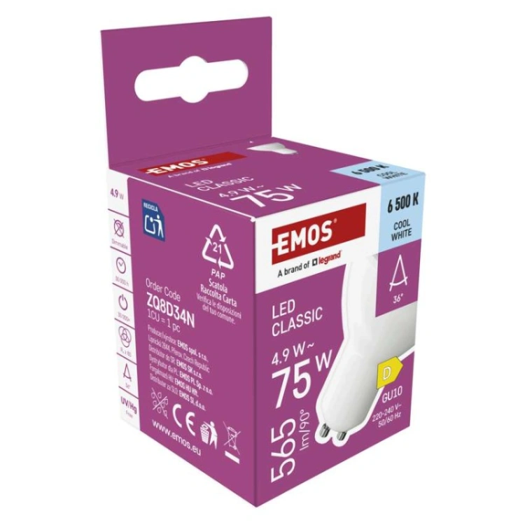Żarówka LED Classic MR16 / GU10 / 4.9 W (75 W) / 565 lm / zimna biel