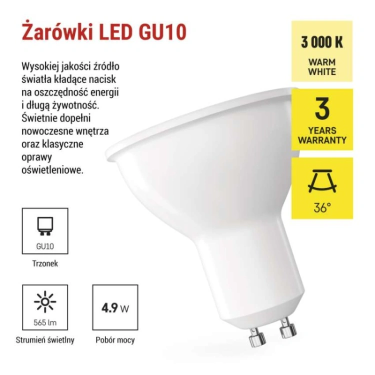 Żarówka LED Classic MR16 / GU10 / 4.9 W (75 W) / 565 lm / Ciepła biel
