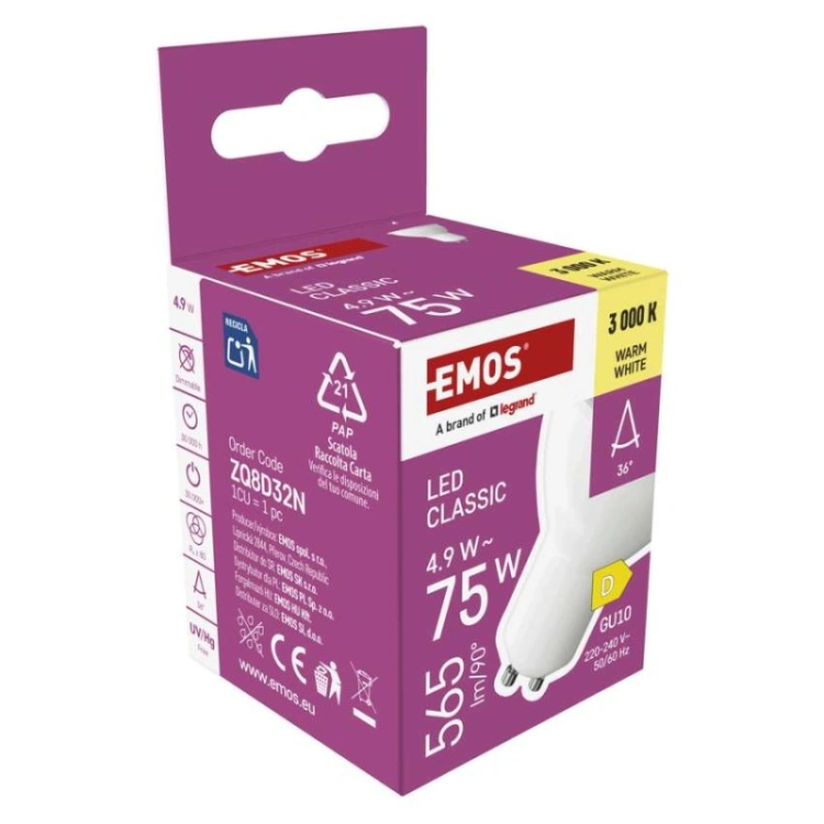 Żarówka LED Classic MR16 / GU10 / 4.9 W (75 W) / 565 lm / Ciepła biel
