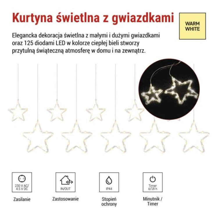 Dekoracje - 125 LED sople gwiazdki 190x50 cm ciepła biel, IP44