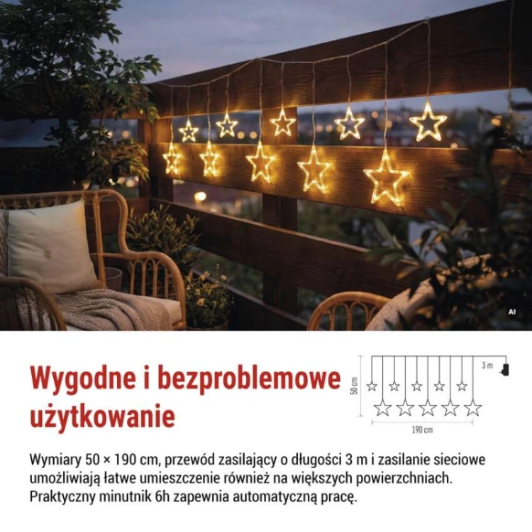 Dekoracje - 125 LED sople gwiazdki 190x50 cm ciepła biel, IP44