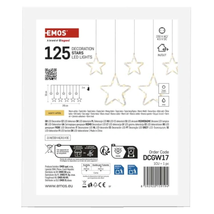 Dekoracje - 125 LED sople gwiazdki 190x50 cm ciepła biel, IP44
