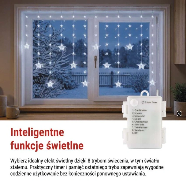 Świąteczna girlanda LED – gwiazdki, 170 x 85 cm, 3 baterie AA, IP44. zimna biała, timer