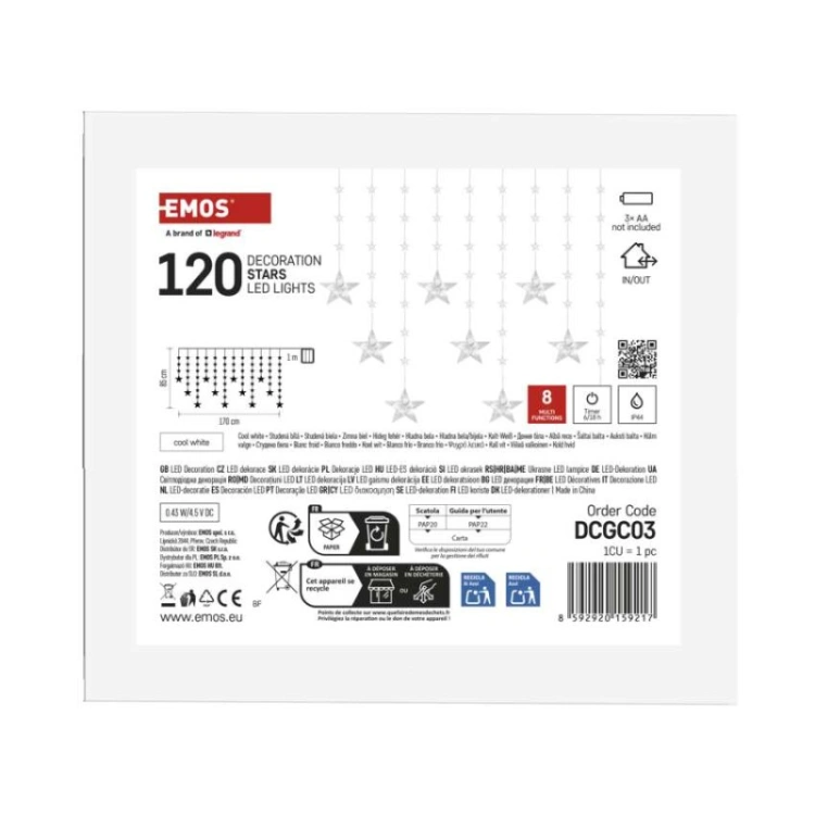 Świąteczna girlanda LED – gwiazdki, 170 x 85 cm, 3 baterie AA, IP44. zimna biała, timer