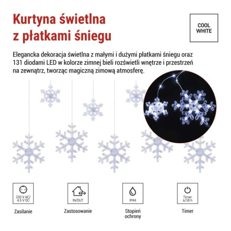 Świąteczna girlanda LED – płatki śniegu, 160 x 95 cm, IP44. zimna biała, timer