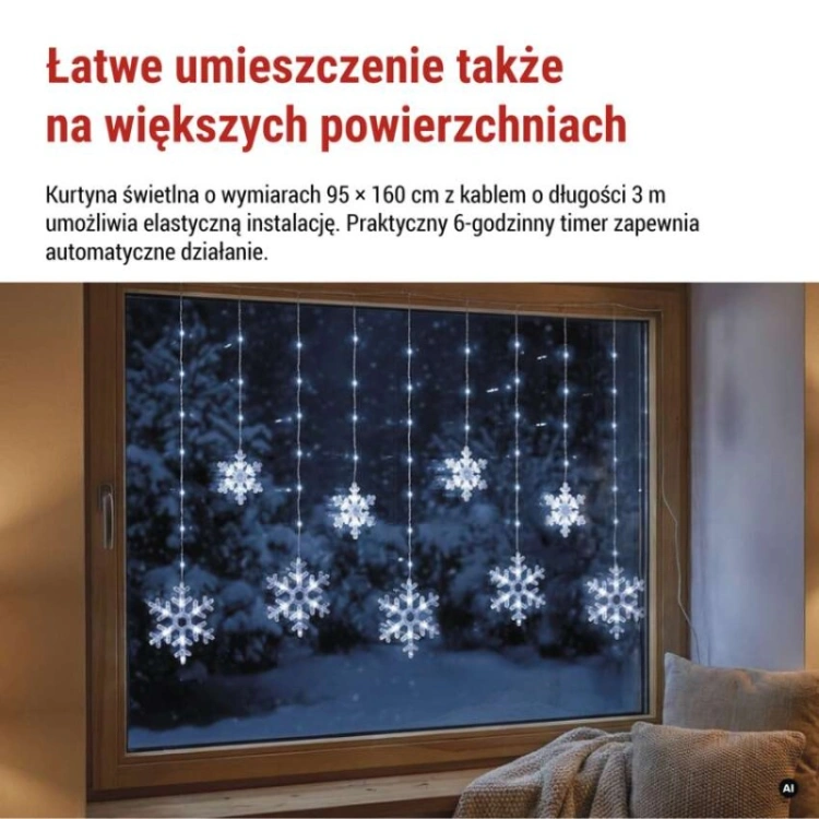 Świąteczna girlanda LED – płatki śniegu, 160 x 95 cm, IP44. zimna biała, timer