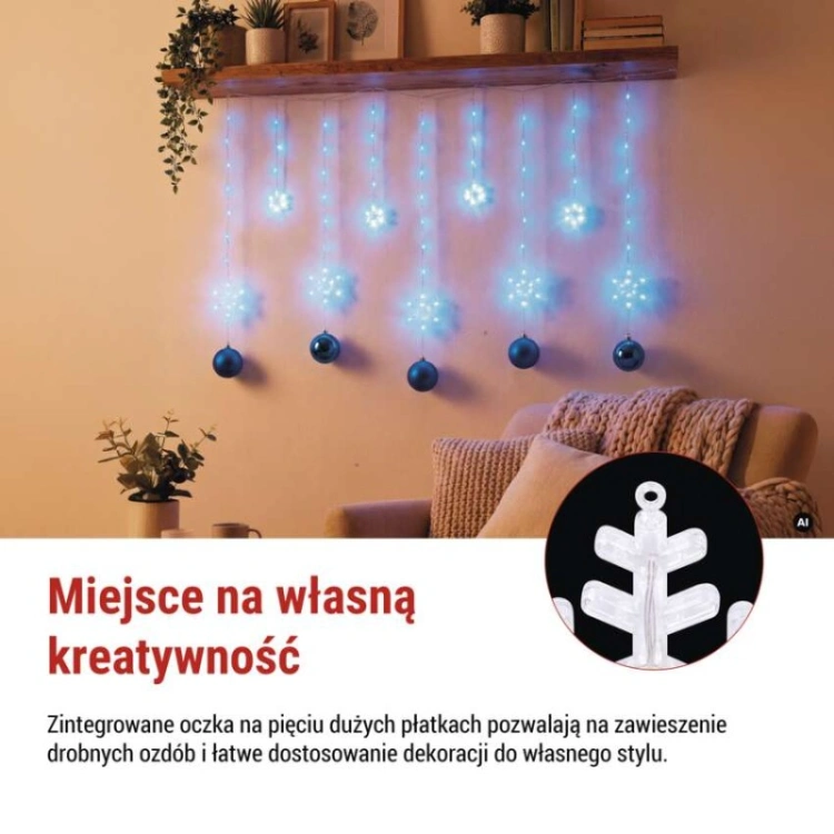 Świąteczna girlanda LED – płatki śniegu, 160 x 95 cm, IP44. zimna biała, timer
