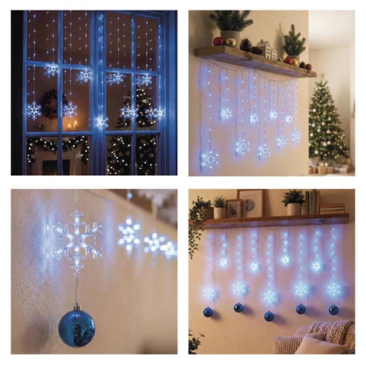 Świąteczna girlanda LED – płatki śniegu, 160 x 95 cm, IP44. zimna biała, timer
