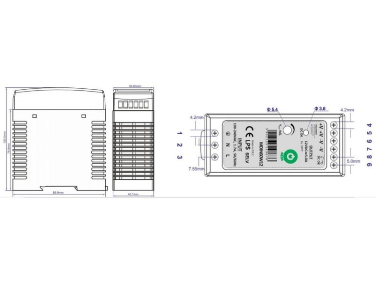 Zasilacz stałonapięciowy MDIN60W na szynę TS35 60W 12V DC 5A
