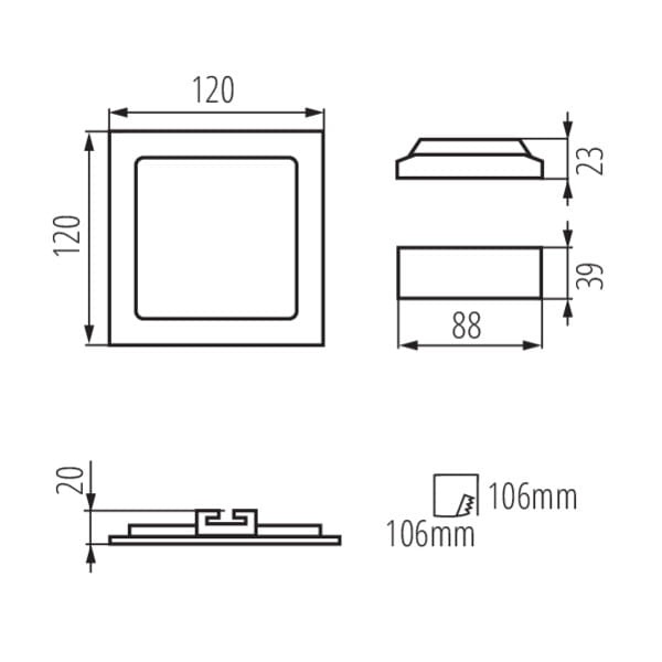 Wymiary oprawy KATRO V2 6W 120 × 120 × 20 mm