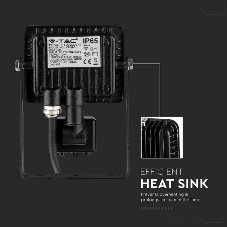 Naświetlacz LED z czujnikiem ruchu VT-10-S wydajny radiator ciepła – zapobiega przegrzewaniu i wydłuża żywotność lampy