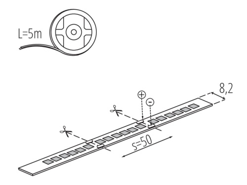 Taśma LED Kanlux rysunek wymiarowy z zaznaczonymi miejscami  cięcia.