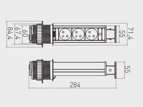 Gniazdo meblowe Ø6cm wysuwane z blatu przewód 1,5m 3x2P+Z srebrny wymiary.jpg