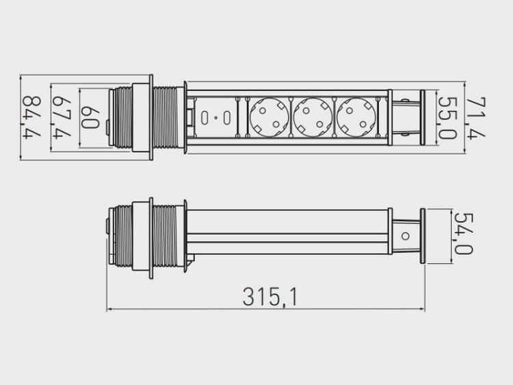 Gniazdo meblowe Ø6cm wysuwane z blatu ładowarka USB przewód schuko srebrne wymiary.jpg