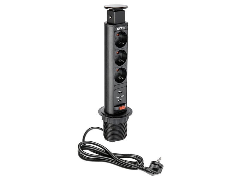 Gniazdo meblowe Ø6cm wysuwane z blatu ładowarka USB przewód schuko czarne.jpg