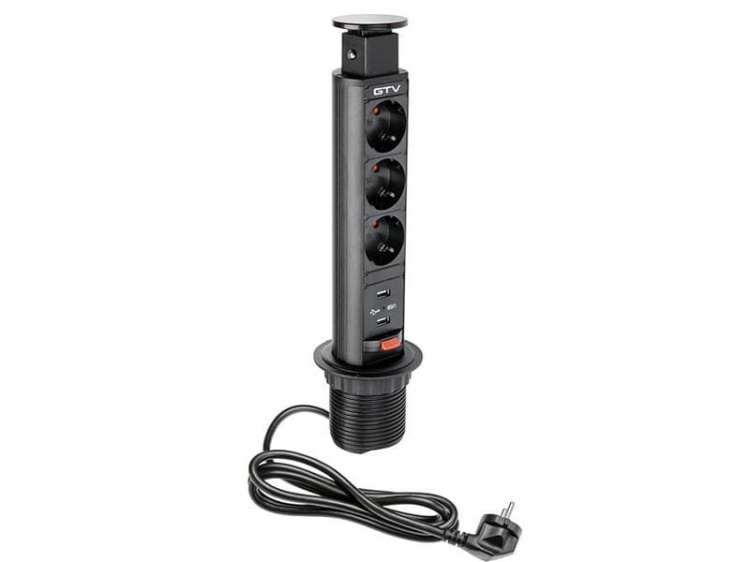 Gniazdo meblowe Ø6cm wysuwane z blatu ładowarka USB przewód schuko czarne.jpg