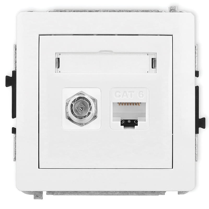 Mechanizm gniazda antenowego pojedynczego F(SAT)+gniazdo komp. 1XRJ45, KAT. 6, 8-styk biały DGFK-3