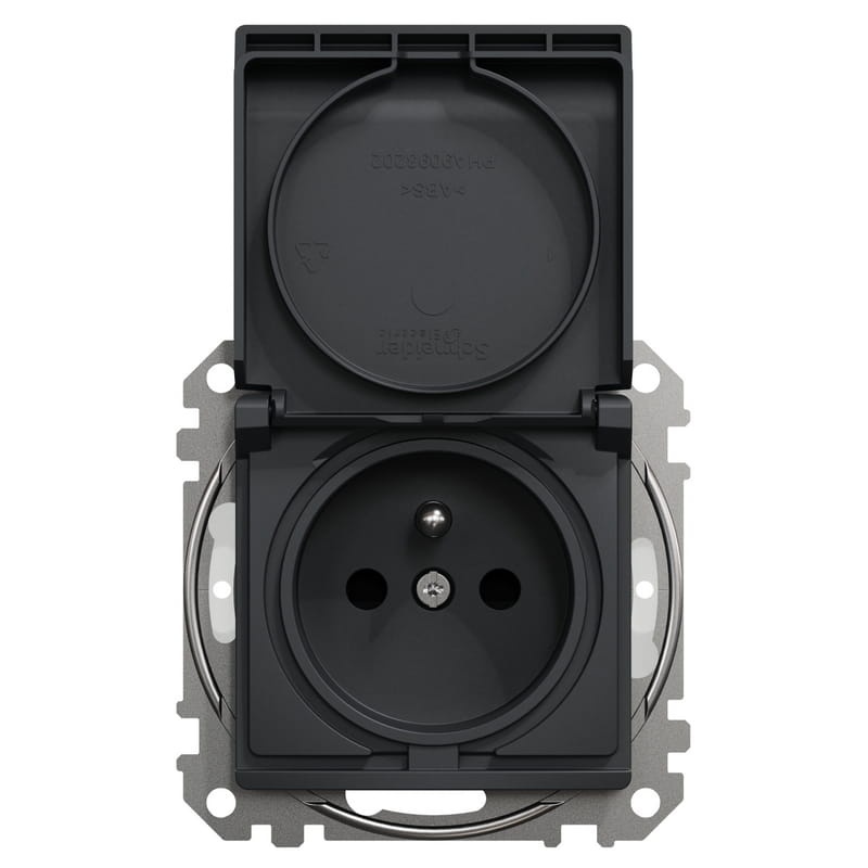 Mechanizm gniazda bryzgoszczelnego z uziemieniem 2P+PE antracyt SDD214013 Sedna Schneider przód