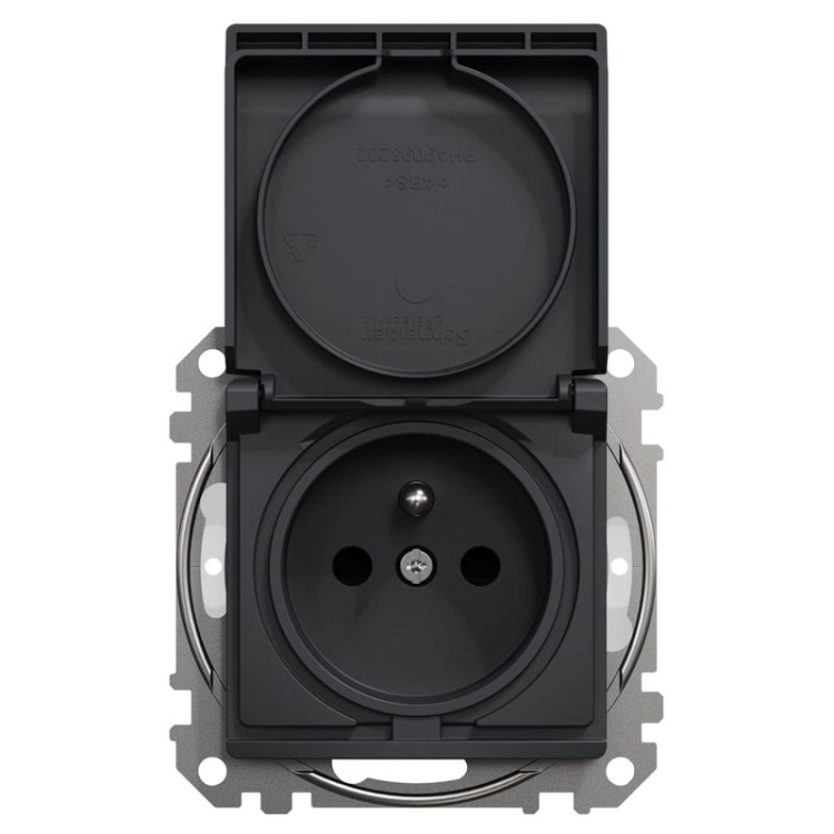 Mechanizm gniazda bryzgoszczelnego z uziemieniem 2P+PE antracyt SDD214013 Sedna Schneider przód
