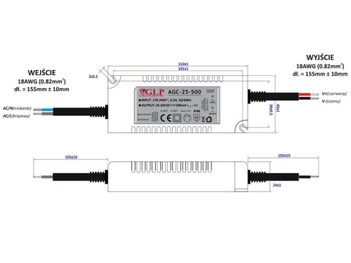 Rysunek wymiarowy zasilacza AGC-25-500