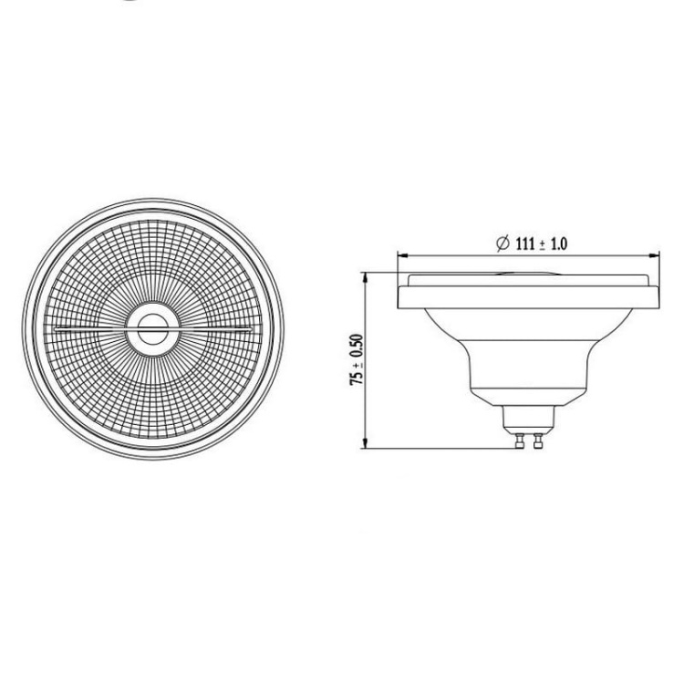 Źródło światła ES111 GU10 chromowa obudowa 11W 3000K 850lm 25º GTV wymiary.jpg