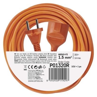 Przedłużacz 20 m / 1 gniazdo / pomarańczowy / PVC / 230 V / 1,5 mm2